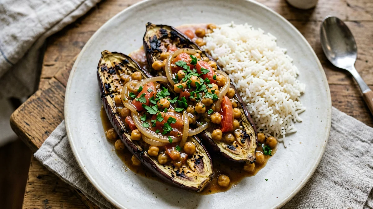 Imam bayildi with chickpeas and basmati rice