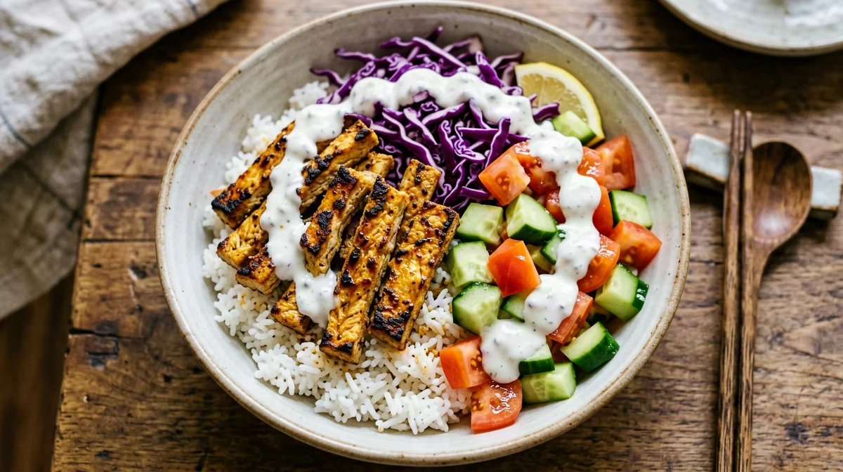 Tempeh shawarma with rice, red cabbage and tahini sauce