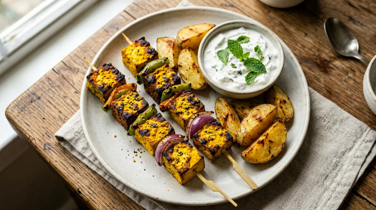 Spiedini di tofu alla curcuma con patate e salsa di yogurt di soia