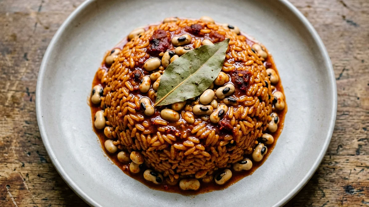 Vegan jollof rice with black-eyed peas and peppers