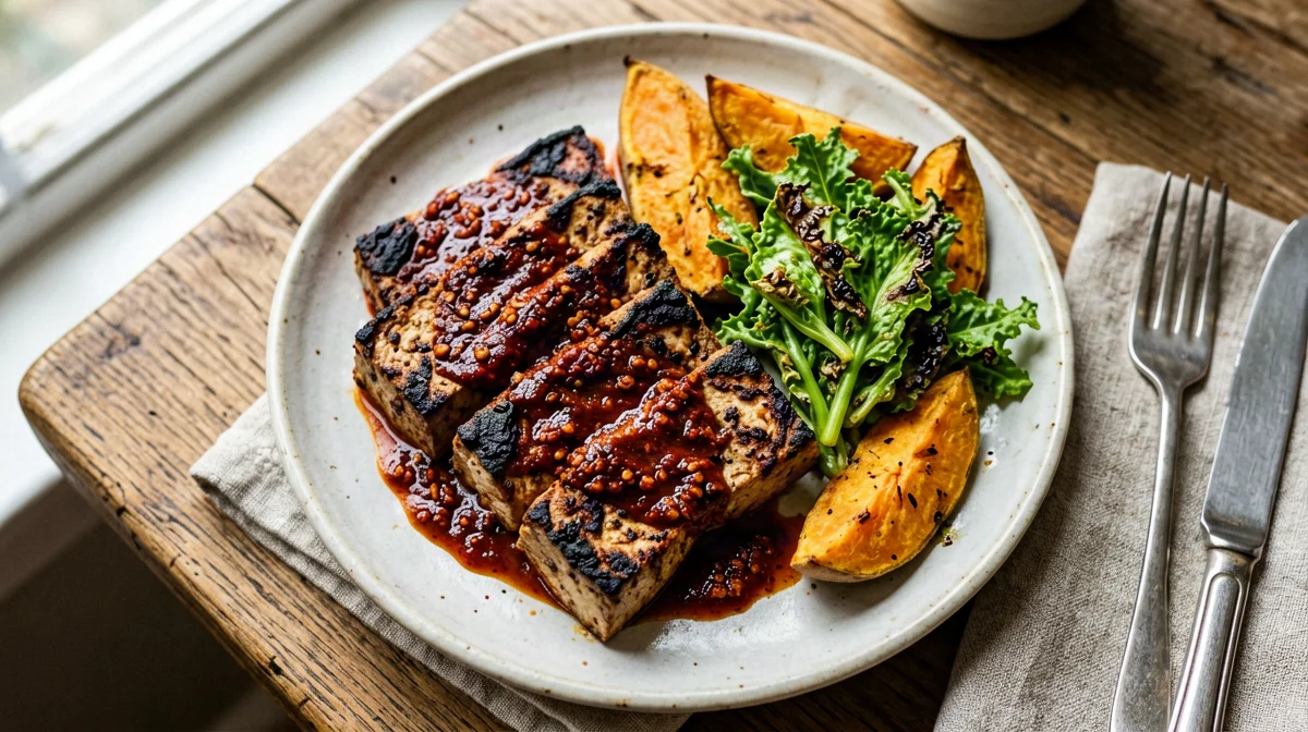 Tofu piri piri al forno con patate dolci e cavolo nero