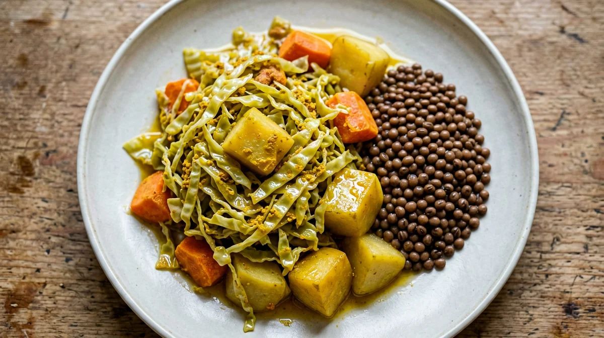 Atakilt wat etiope di cavolo, patate e carote con lenticchie