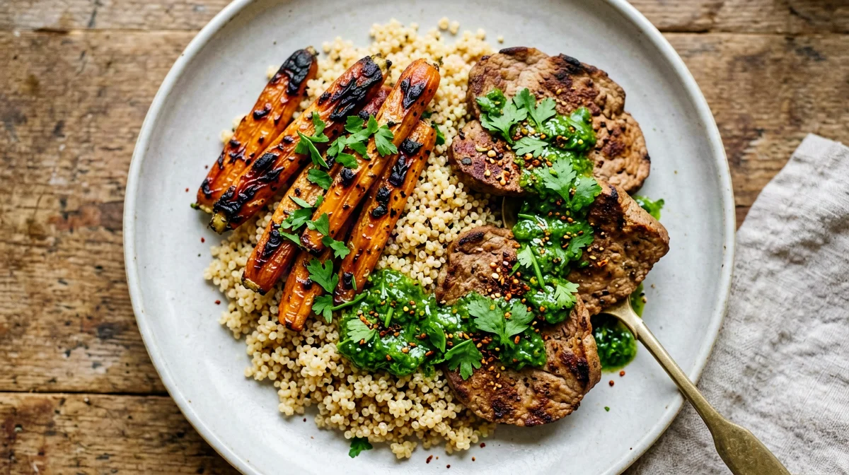 Chermoula tempeh with quinoa and roast carrots