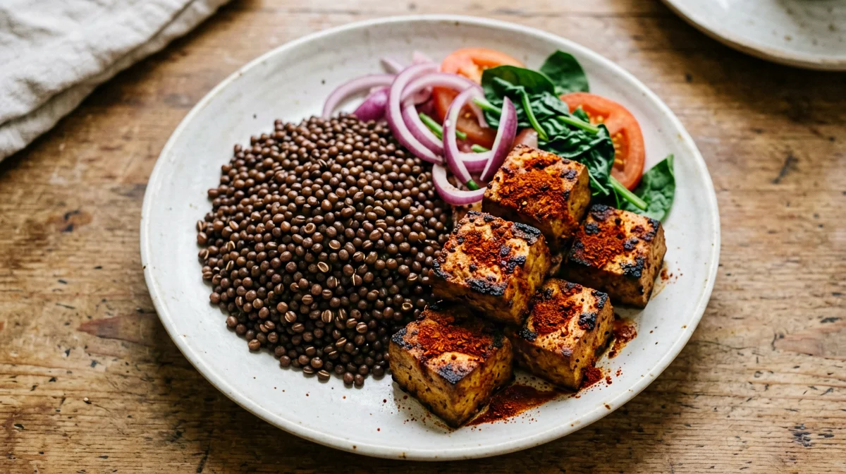 Berbere-spiced tofu with teff and spinach