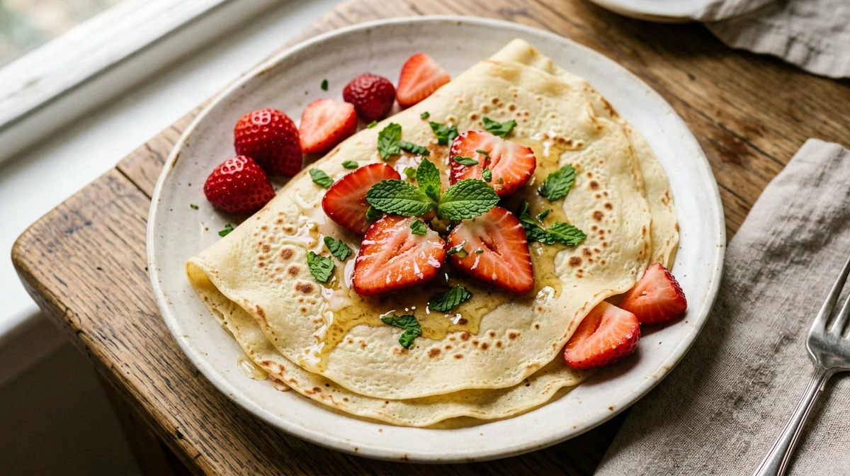 Rice flour protein crêpes with strawberries and mint