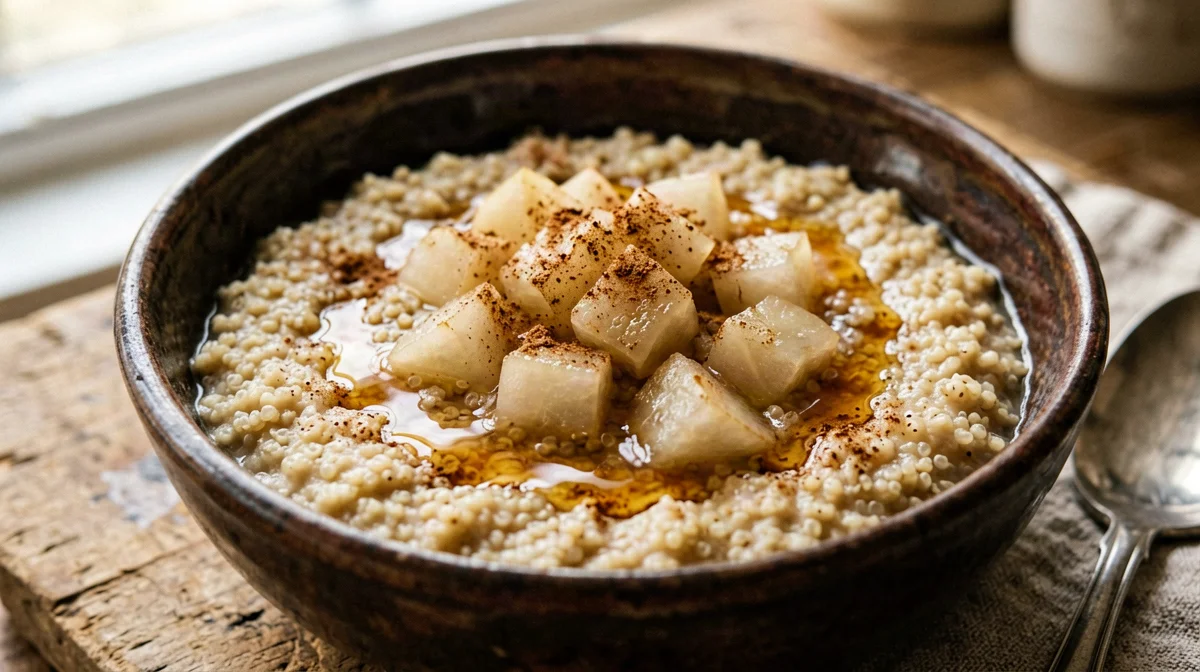 Porridge di quinoa alla bevanda di piselli con pere e cannella