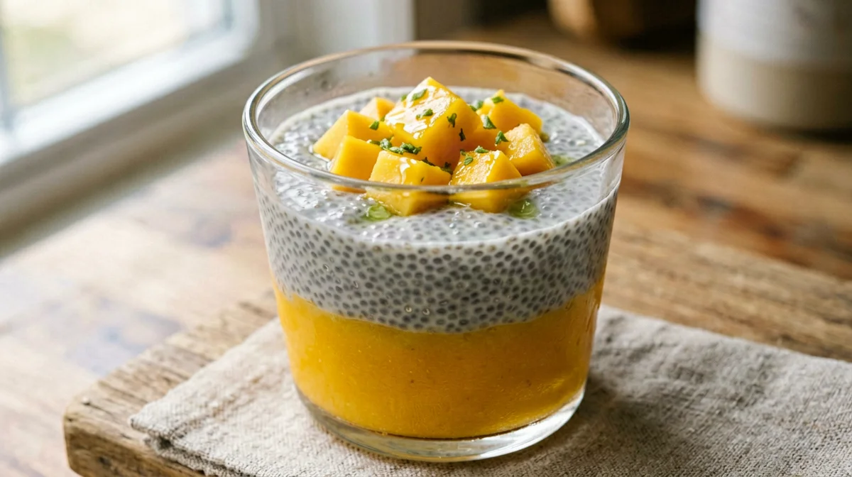 Protein chia pudding with mango and lime