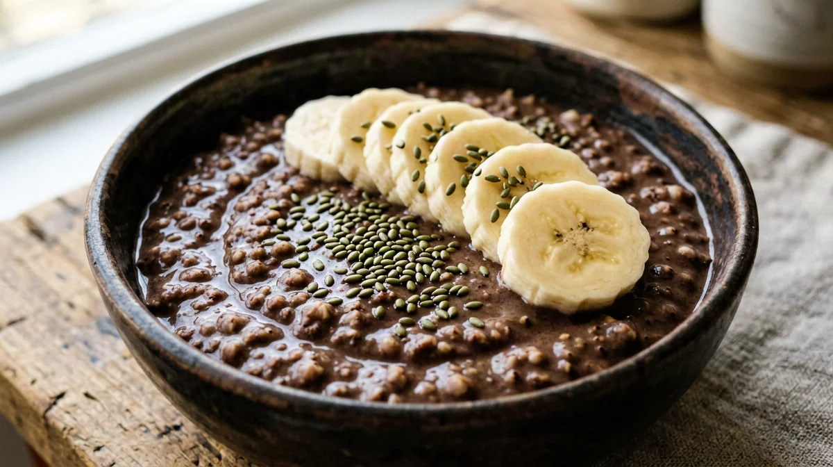 Porridge di grano saraceno al cacao con banana e semi di canapa