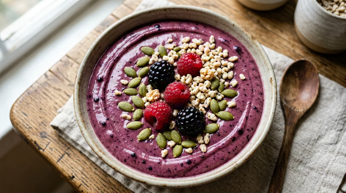 Smoothie bowl proteica ai frutti di bosco e semi di zucca
