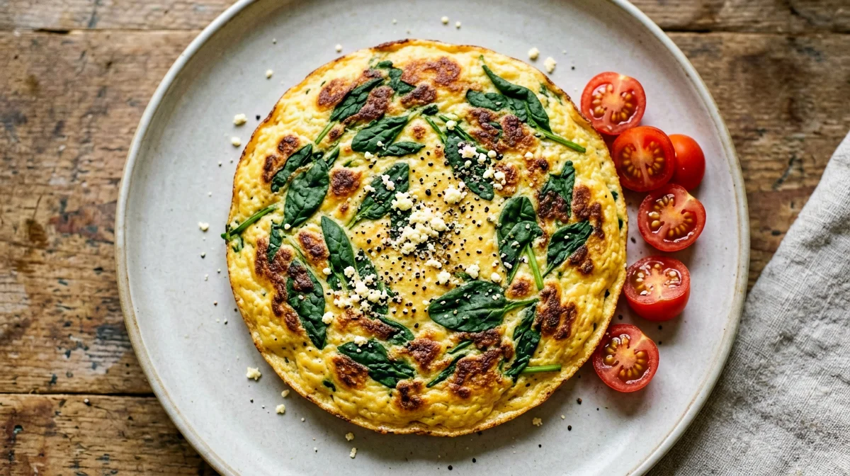Protein chickpea flour omelette with spinach and cherry tomatoes