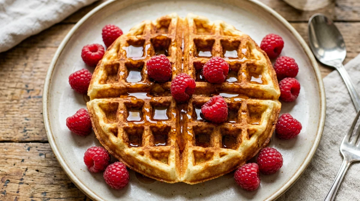 Waffle proteici di ceci e riso con lamponi