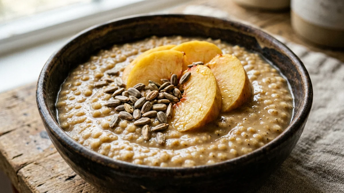 Amaranth porridge with peaches and pea milk