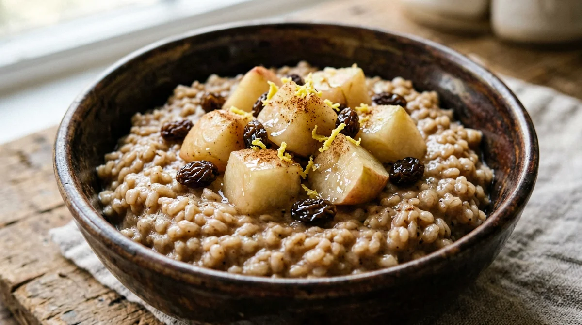 Creamy brown rice with stewed apple and cinnamon