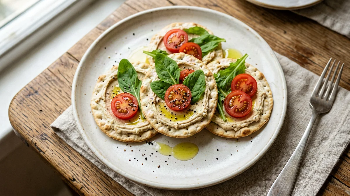 Gallette di riso con hummus proteico, pomodorini e rucola