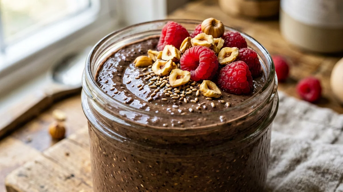 Protein cocoa chia pudding with raspberries and hazelnuts