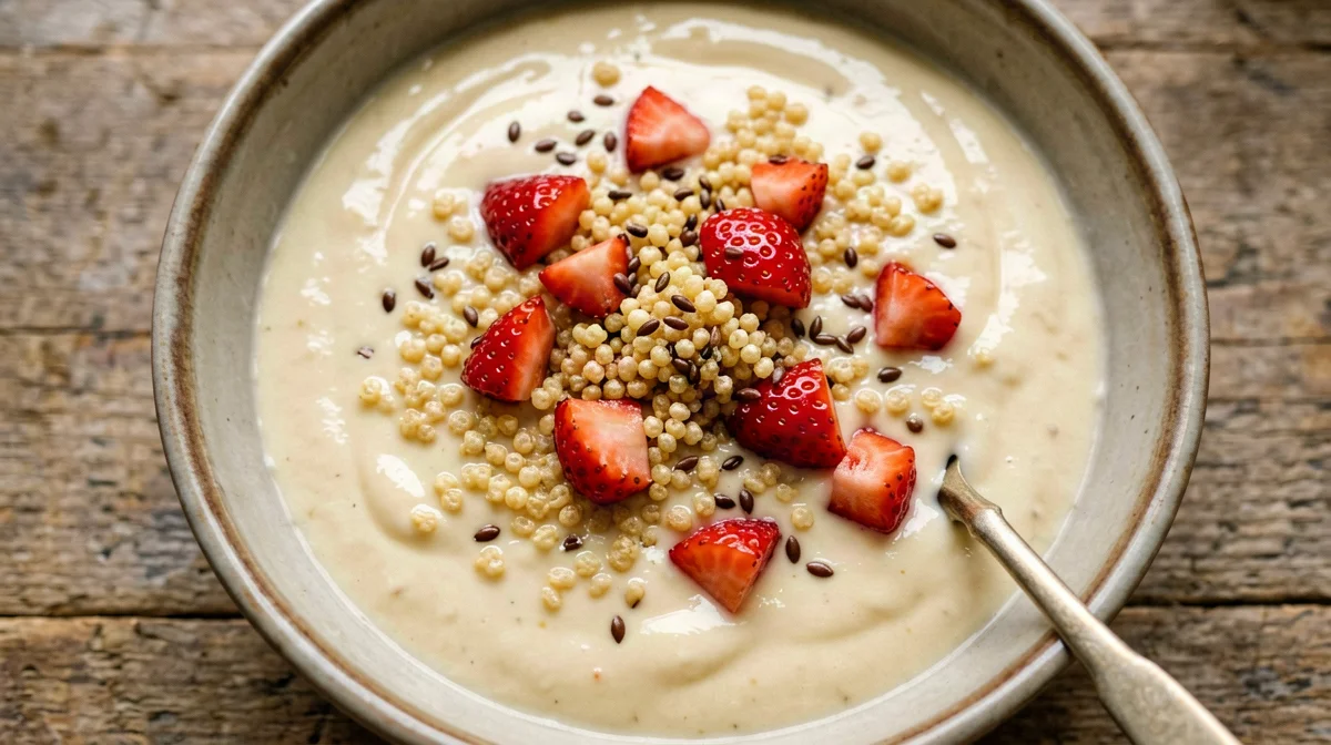 Bowl di miglio soffiato con crema proteica alla vaniglia e fragole