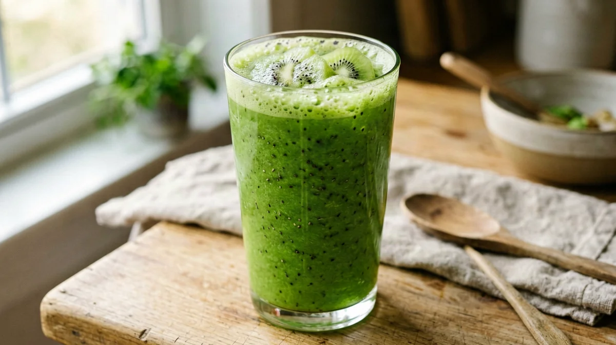 Green protein smoothie with spinach, kiwi and banana