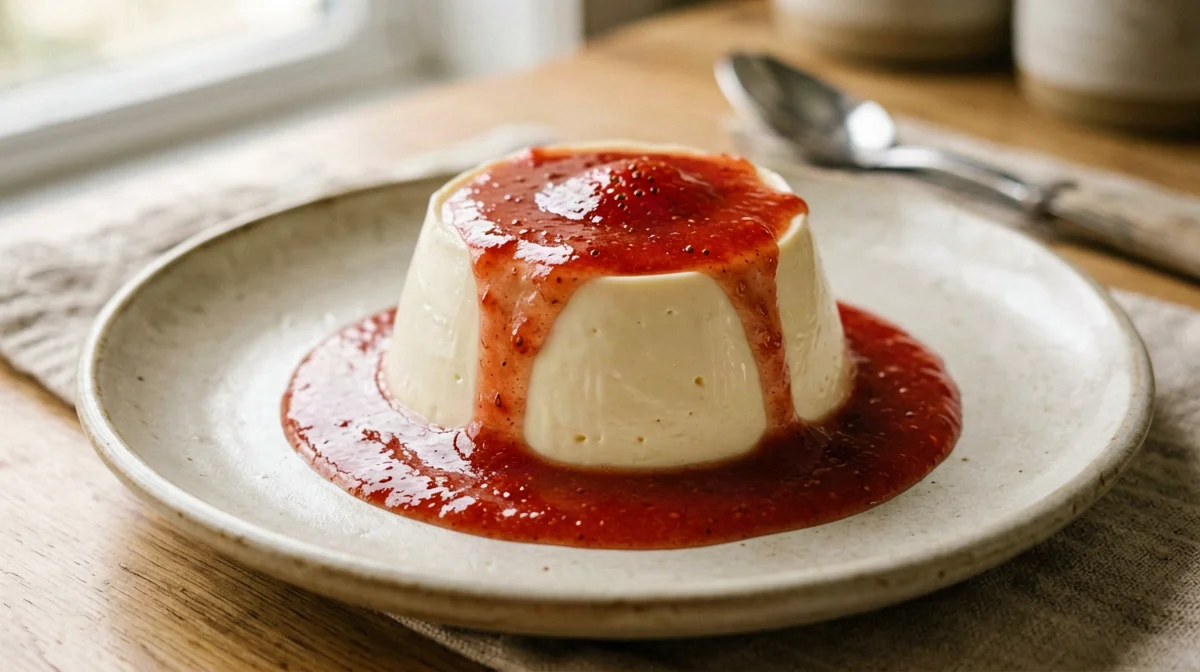 Vanilla pea milk panna cotta with strawberry coulis