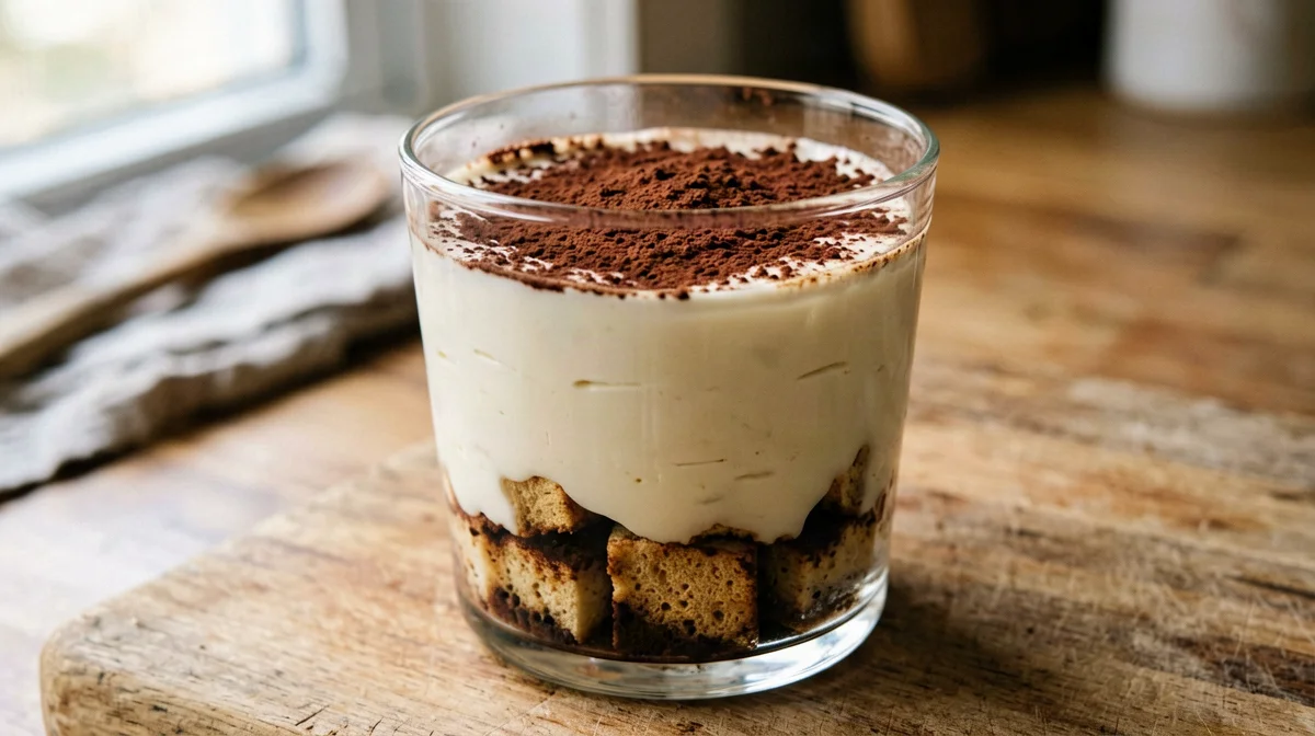 Vegan protein tiramisù cup with coffee-soaked rice sponge