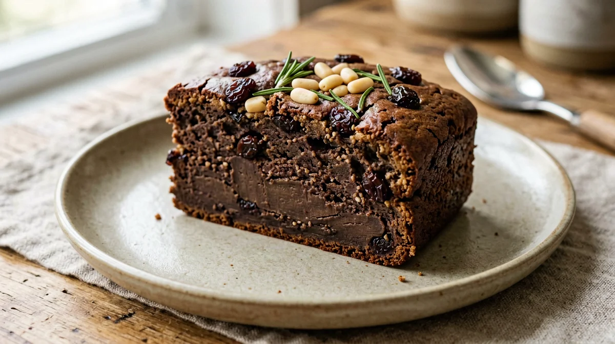 Protein castagnaccio with rosemary, raisins and pine nuts