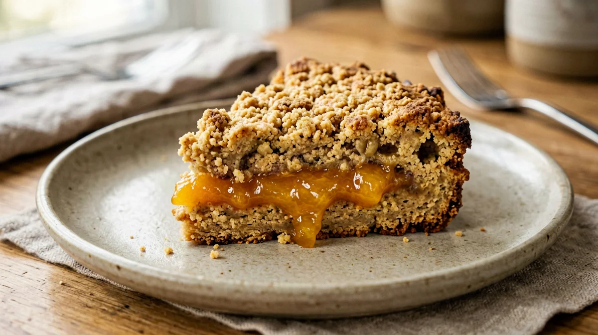 Buckwheat protein crumble cake with apricot jam
