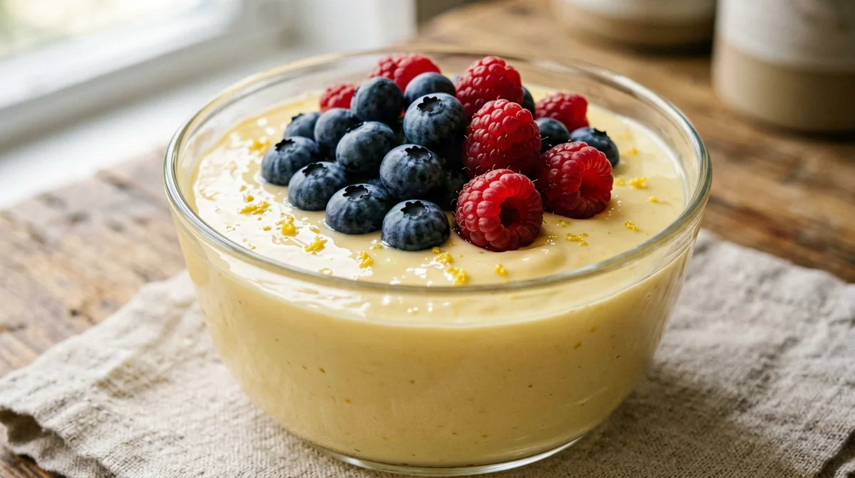 Crema pasticcera proteica senza uova con frutti di bosco