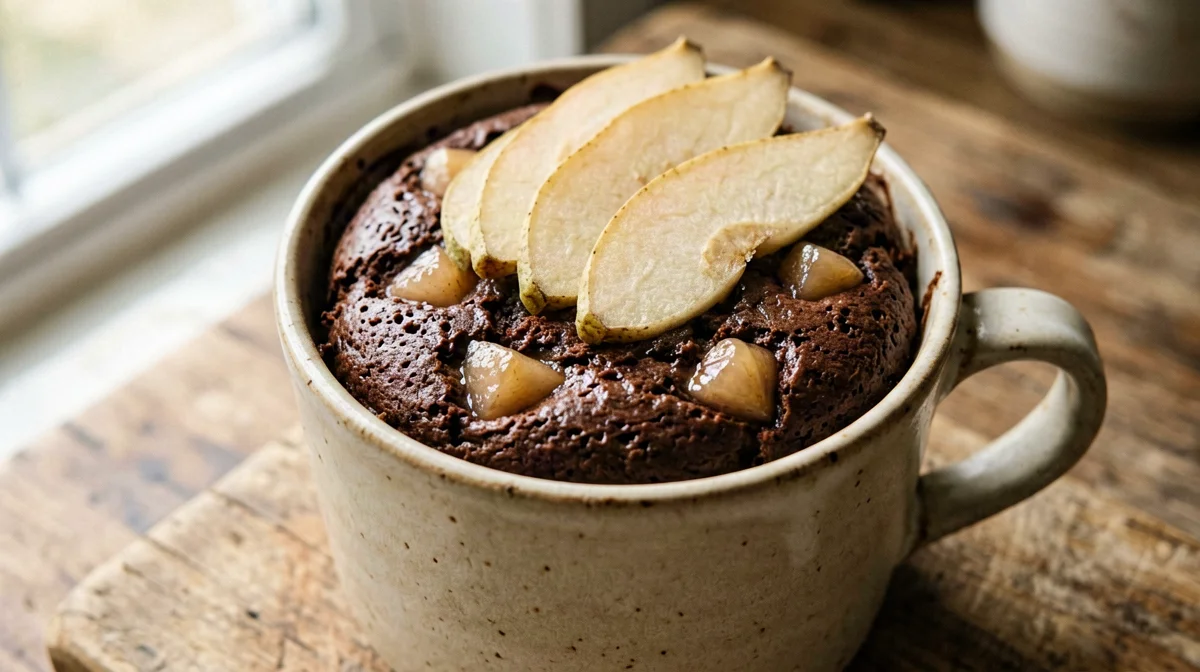 Mug cake di farina di riso e pisello al cacao con pera