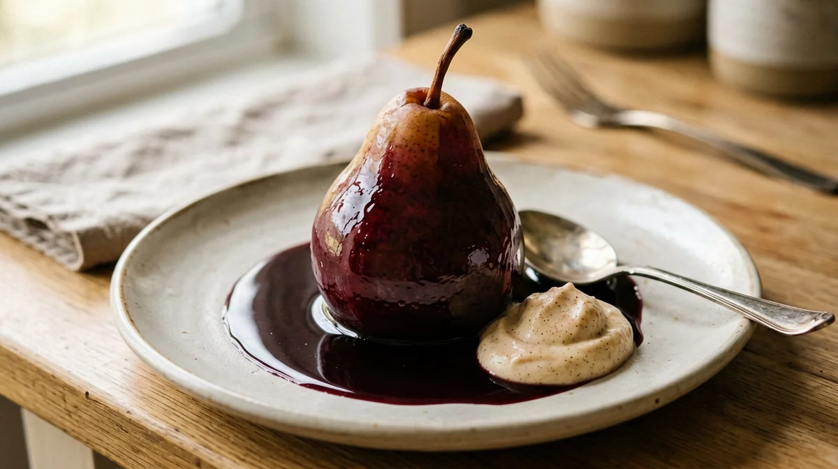 Red wine poached pear with cinnamon protein cream