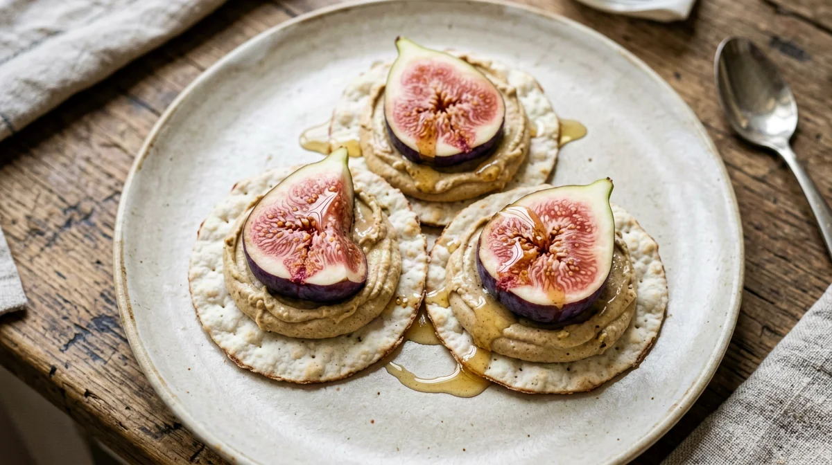 Corn cakes with tahini protein spread and figs