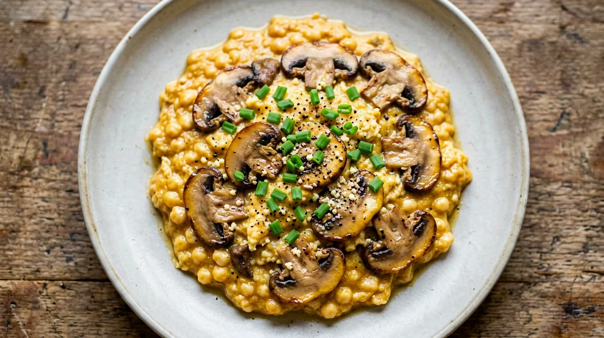 Strapazzata di ceci e pisello con funghi ed erba cipollina