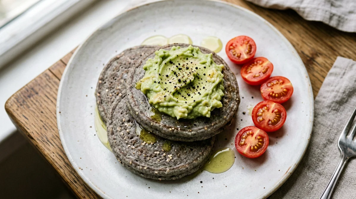 Savoury buckwheat pancakes with avocado and cherry tomatoes