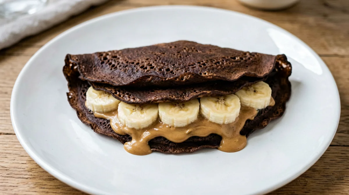 Cocoa buckwheat crêpes with banana and peanut butter