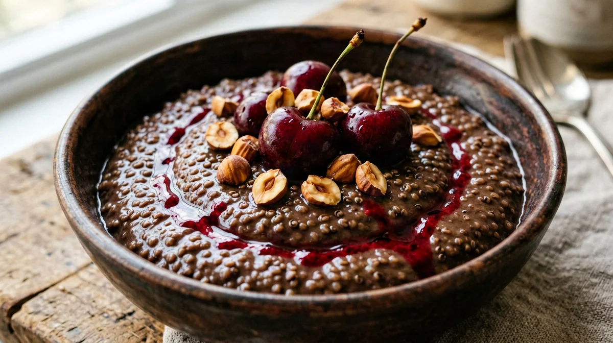 Crema di quinoa al cacao con ciliegie e nocciole