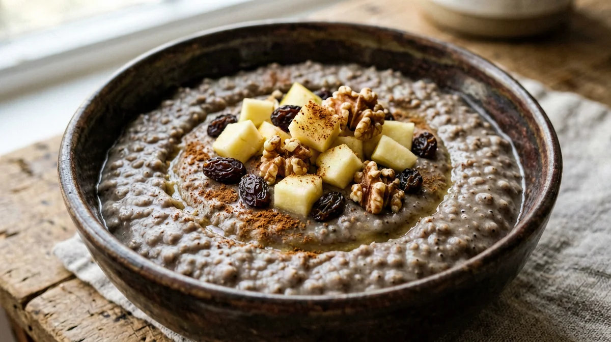 Porridge di grano saraceno con mele, uvetta e noci