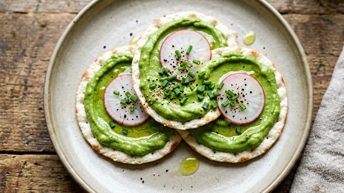 Rice cakes with protein pea cream, radishes and chives