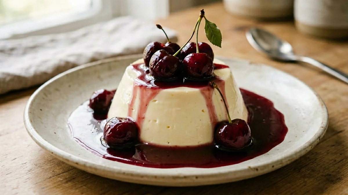 Vanilla pudding with sour cherry sauce