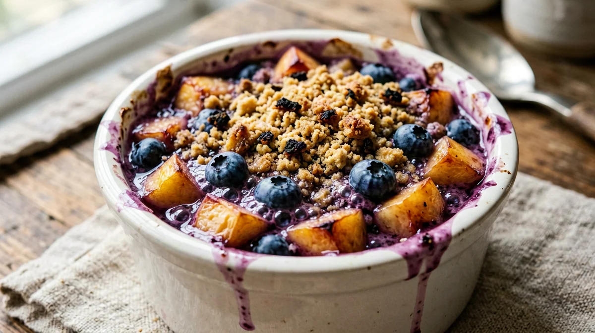 Crumble di pesche e mirtilli con farina di riso proteica