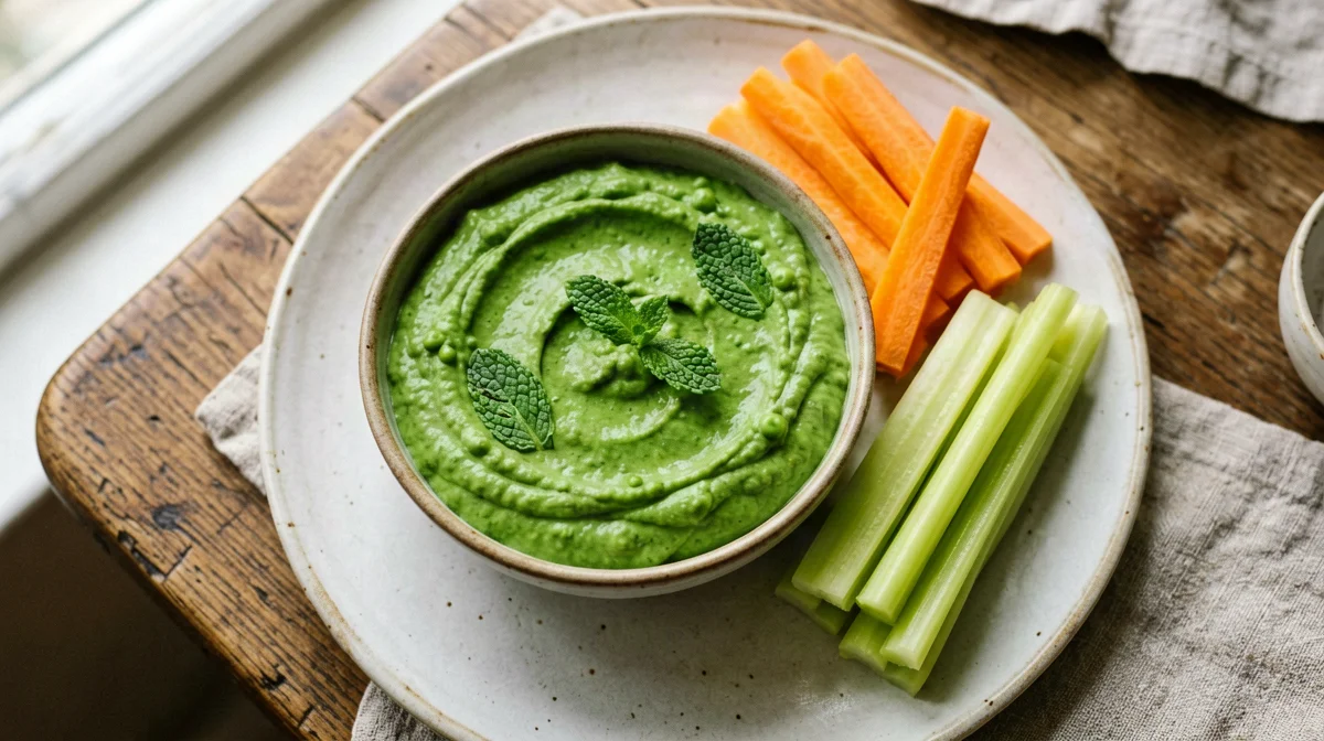 Protein pea dip with carrot and celery sticks