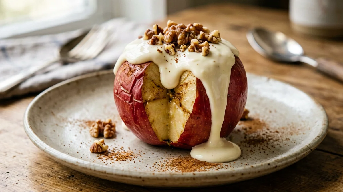 Baked apple with cinnamon protein cream and walnuts