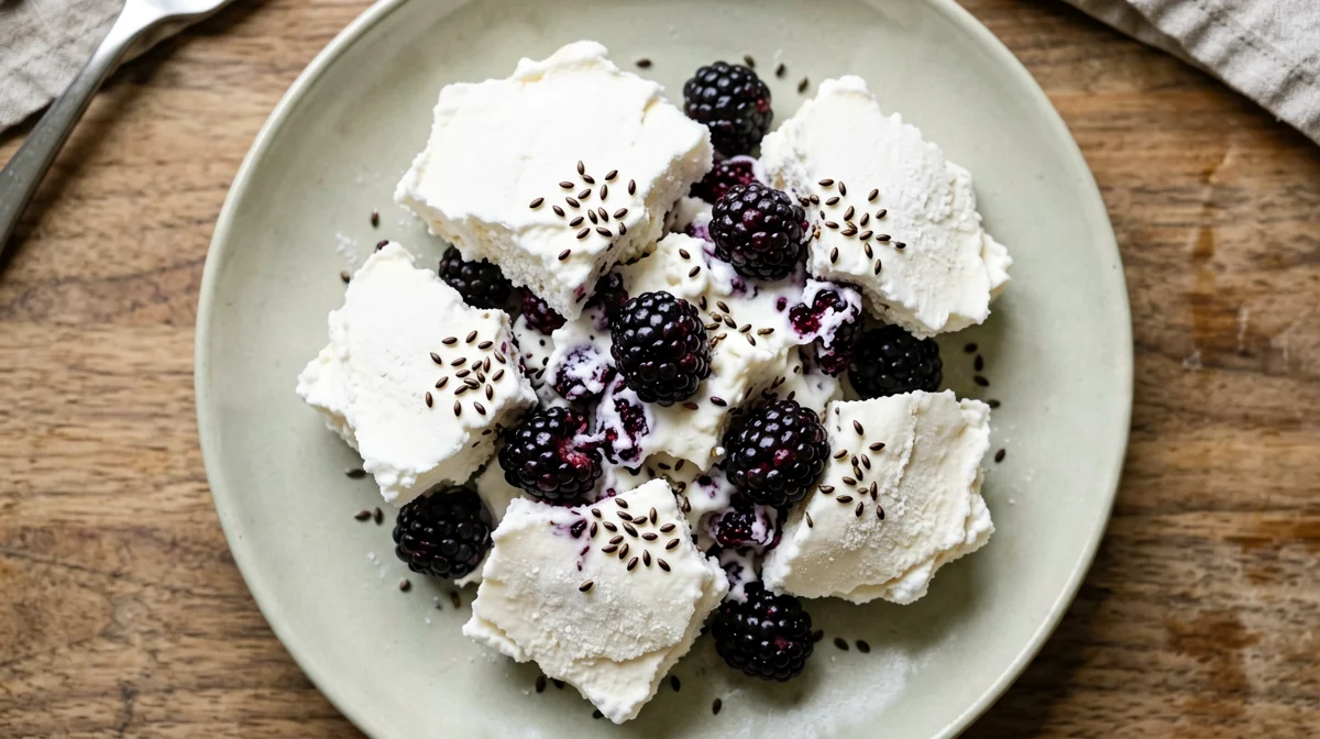 Corteccia gelata di yogurt di soia con more e canapa